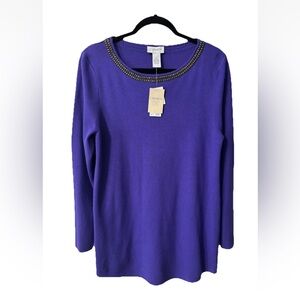 NWT Carmen Marc Valvo Top Sweater Womens XL Purple Embellished Neck Long Sleeve